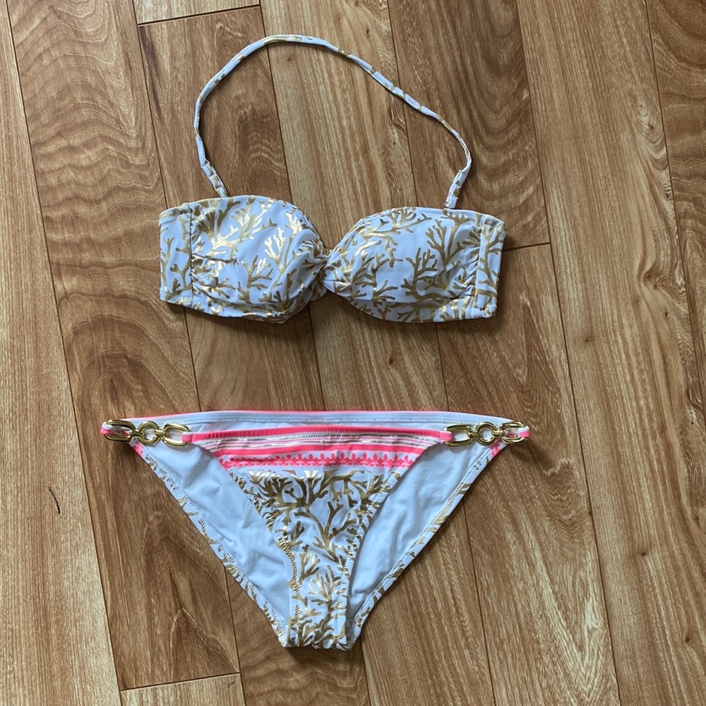 Victoria’s Secret bikini, white with coral print and gold tone hardware